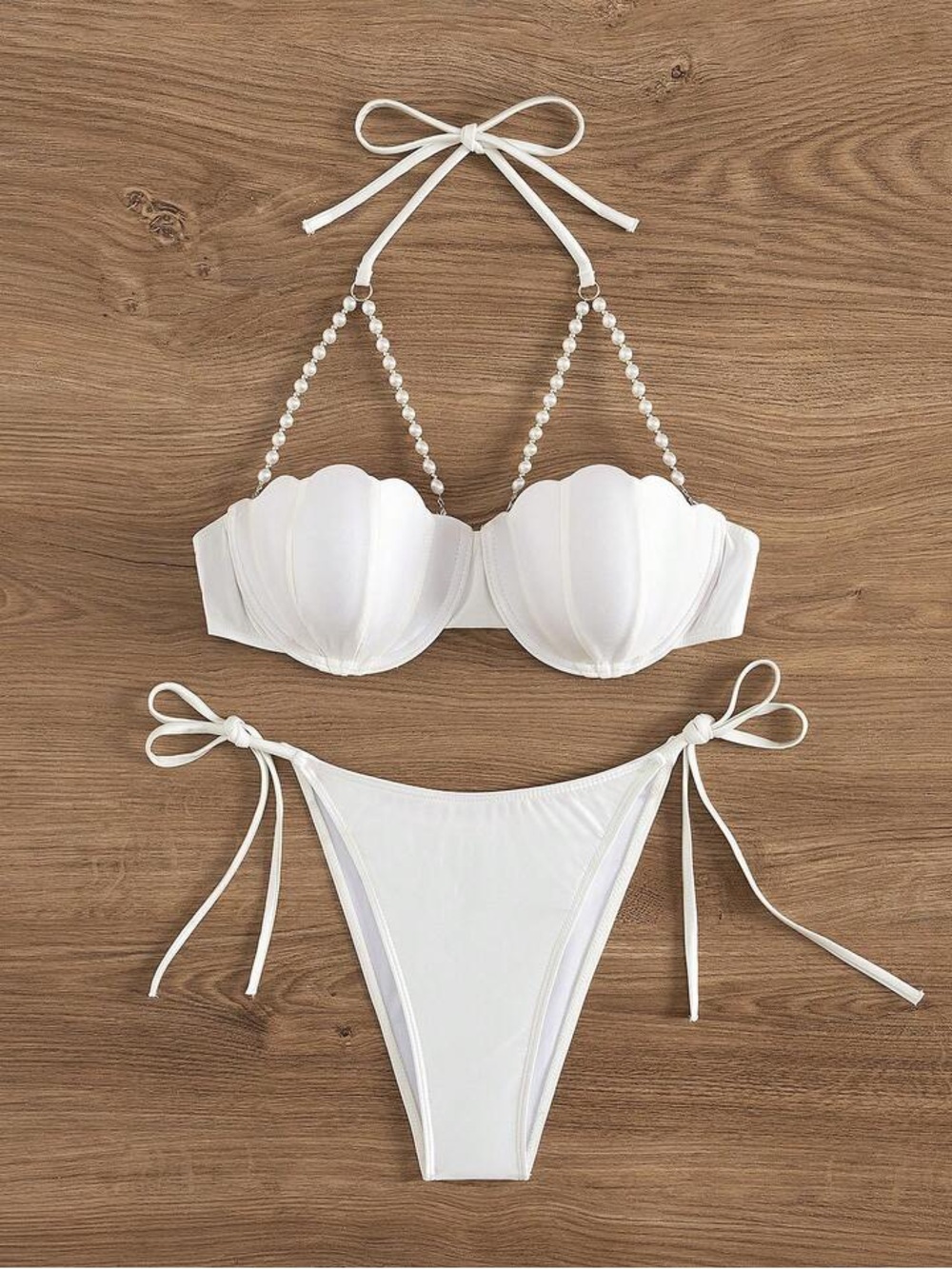 White Pearl-Trim Shell Bikini Set - Women Swim